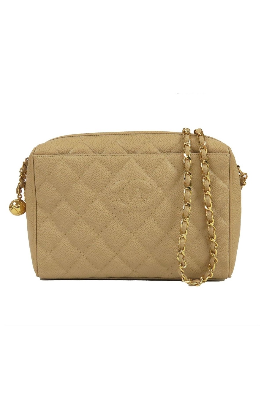 Chanel Quilted Chain Beige Gold Caviar Leather Coco Ball Shoulder Bag